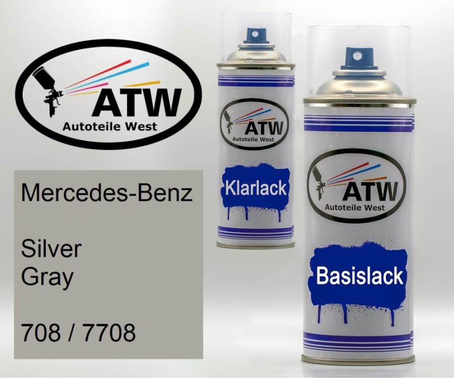 Mercedes-Benz, Silver Gray, 708 / 7708: 400ml Sprühdose + 400ml Klarlack - Set, von ATW Autoteile West.